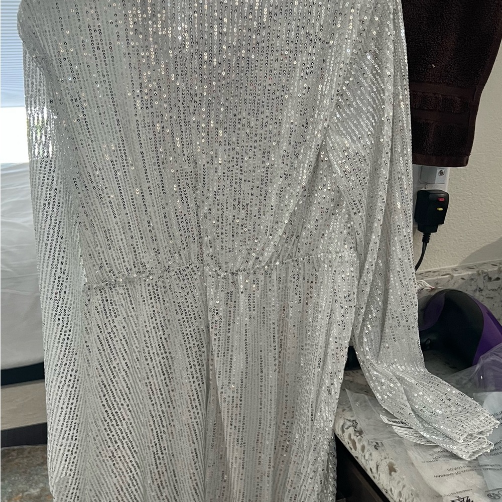 Silver Embellished Short Length with Long Bishop Sleeves